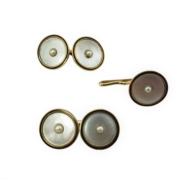 Vintage 14 Karat Yellow Gold and Mother of Pearl Cufflinks and Button #10823 - Picture 3 of 6